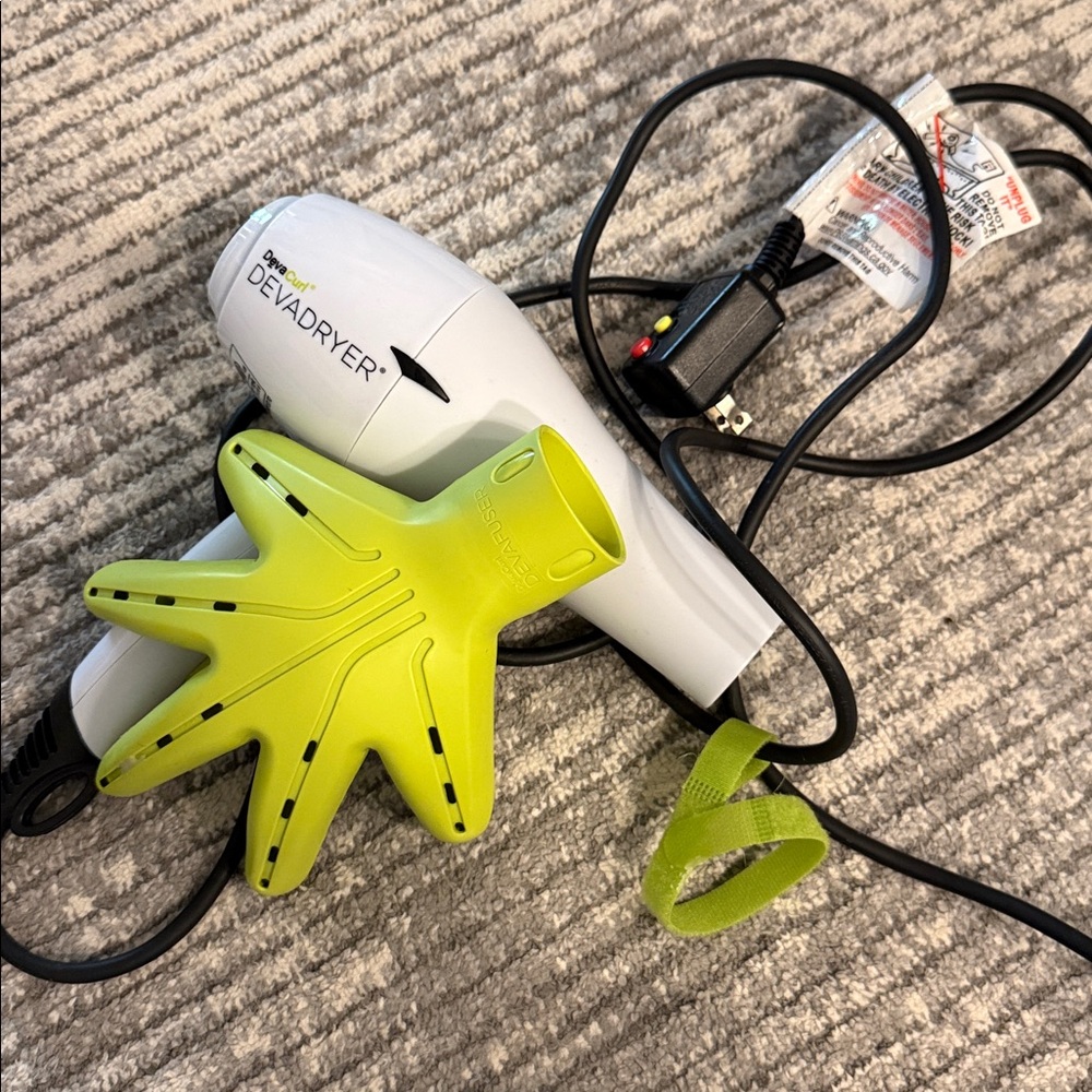 Deva Curl hair dryer and diffuser tools.
